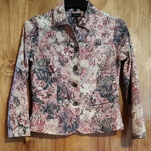 Analogy Embroidered Tapestry Jacket Floral Rose Navy Button-Front Peplum Hem S